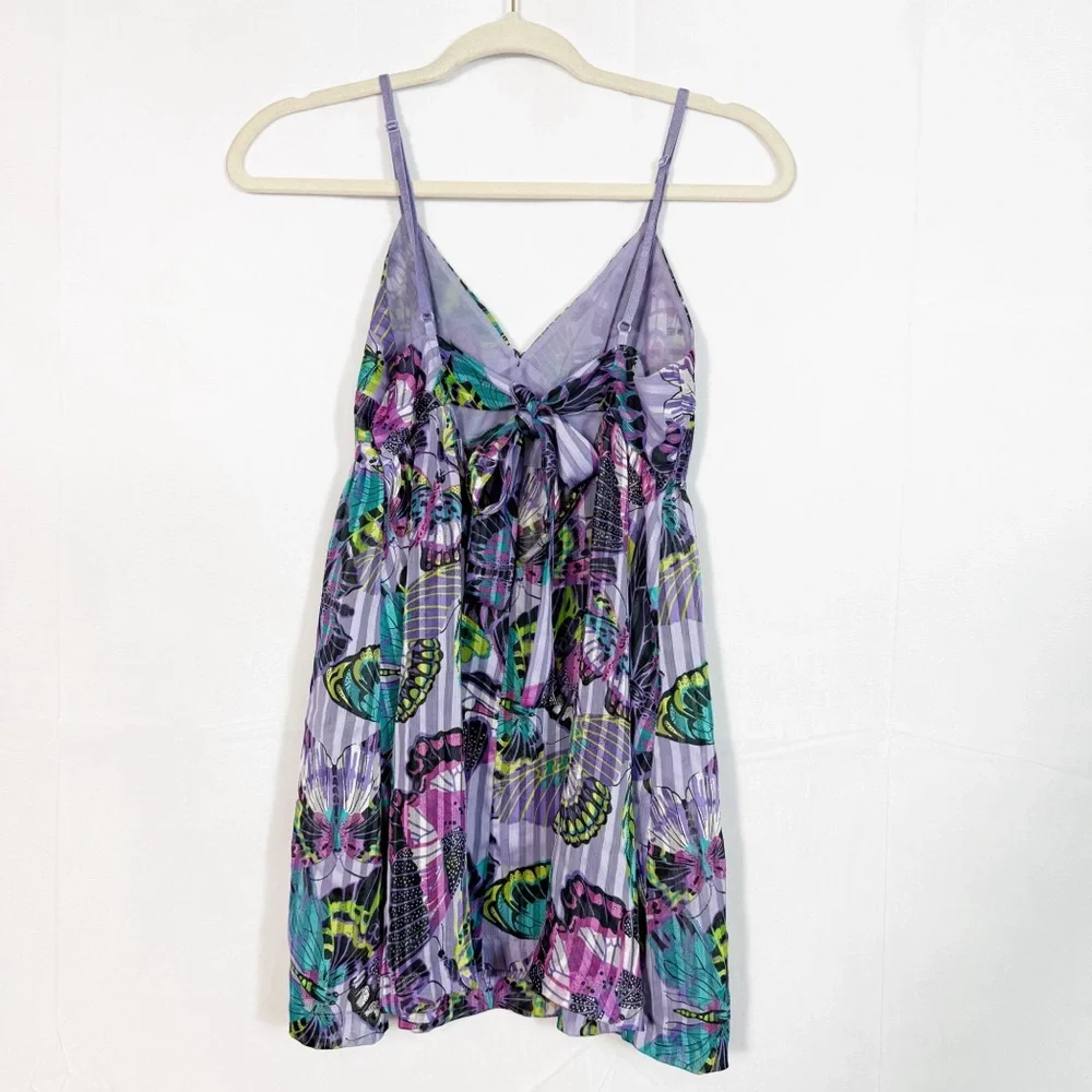 Betsey Johnson Intimates Butterfly Print Satin Chemise Slip Open Tie Back Purple